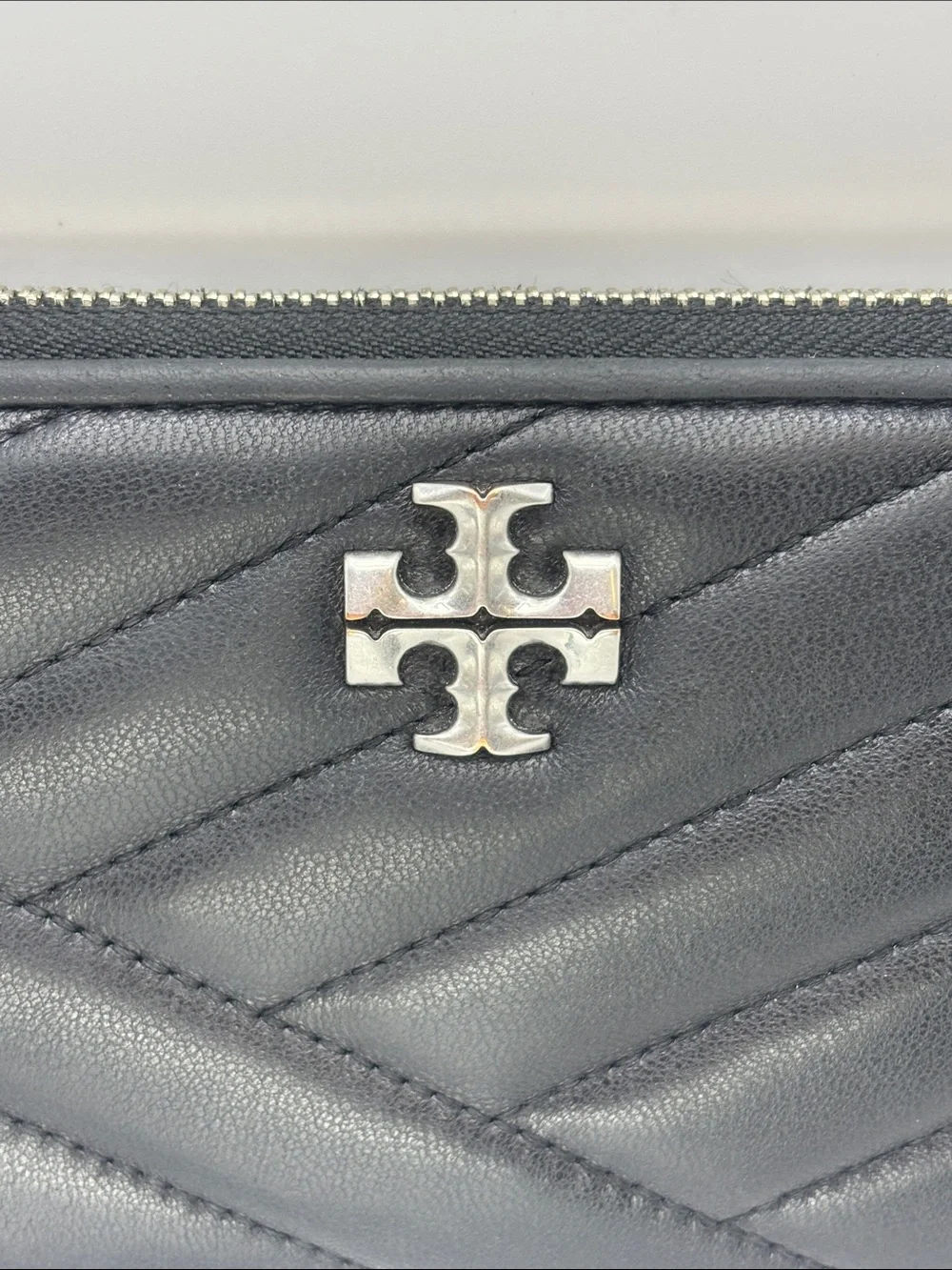 Tory Burch Black Quilted Zip Wallet with Silver Logo